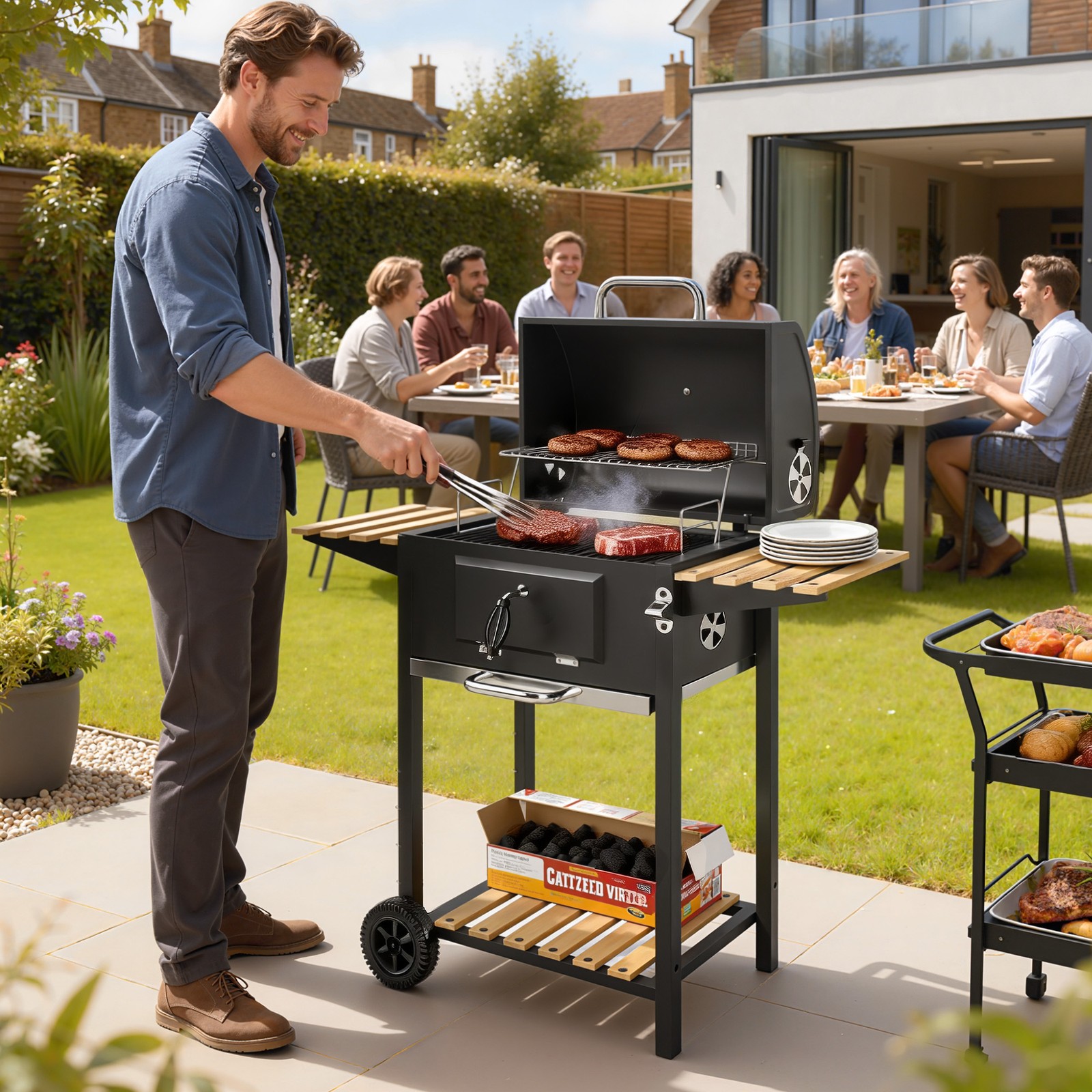 Charcoal BBQ Grill Height Adjustable Charcoal Pan Smoker