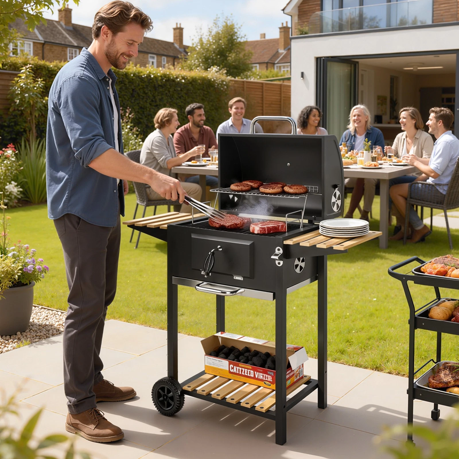 Charcoal BBQ Grill with Height Adjustable Charcoal Pan Outdoor Barbecue Smoker