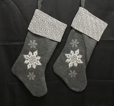 2x Christmas Stockings Large Gray Fabric Black White Cuff 20 inch