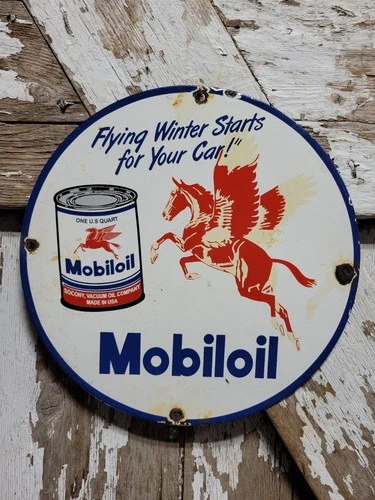 VINTAGE MOBIL PORCELAIN SIGN OLD MOBILOIL GAS PUMP PLATE SERVICE GARAGE 1942