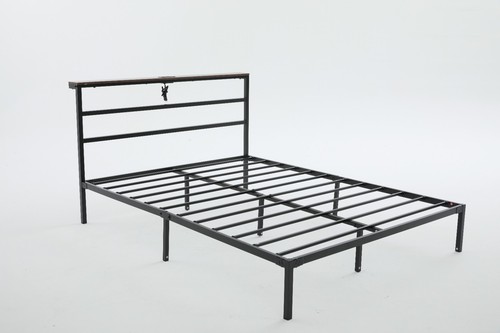 Full/Queen Size Metal Bed Frame with Storage Headboard, Charging Station and LED