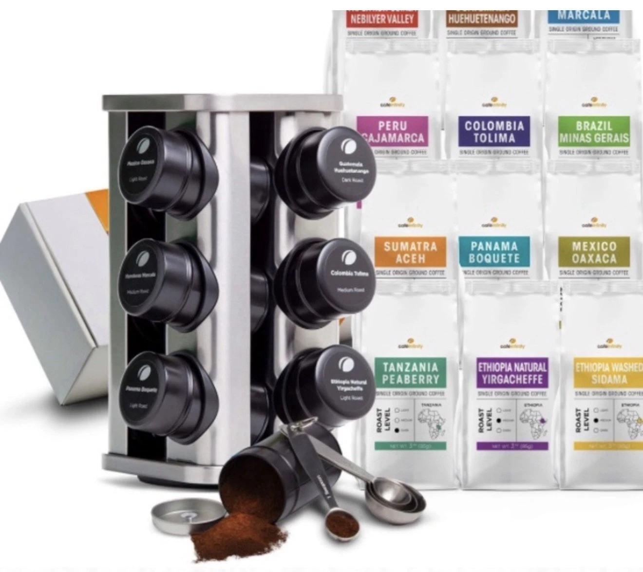 Stainless Steel Revolving coffee/tea Rack Set with 12 Black Jars