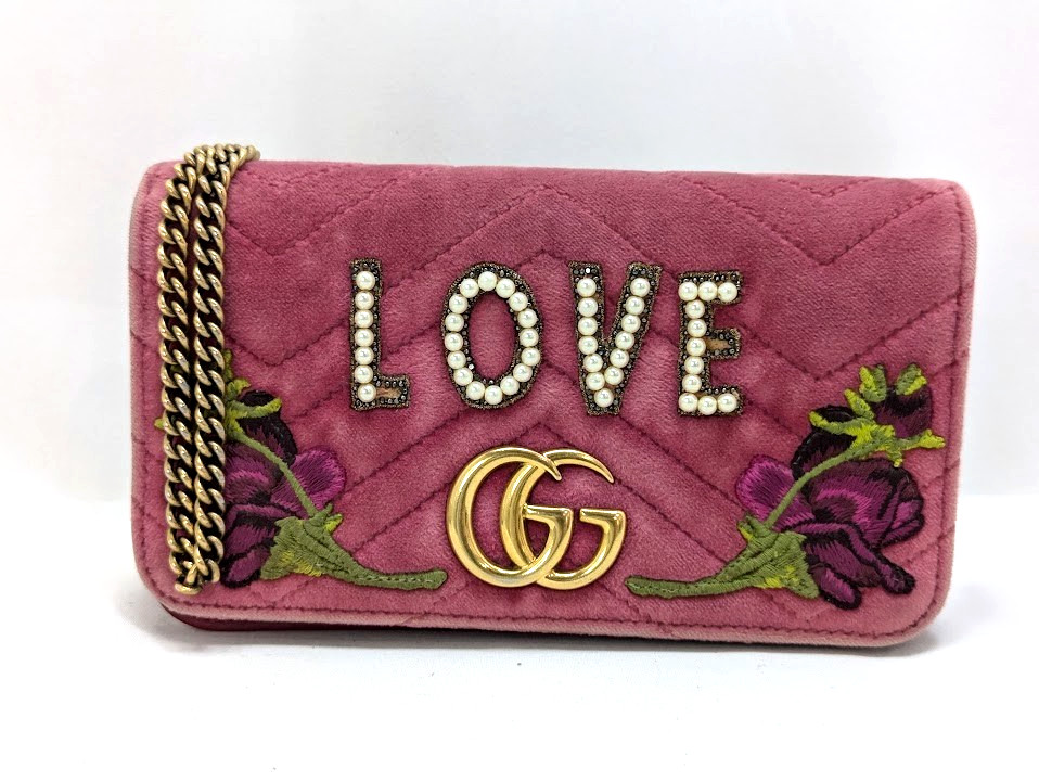 Borsa a tracolla Gucci Velour GG Marmont in velluto con catena rosa floreale ...