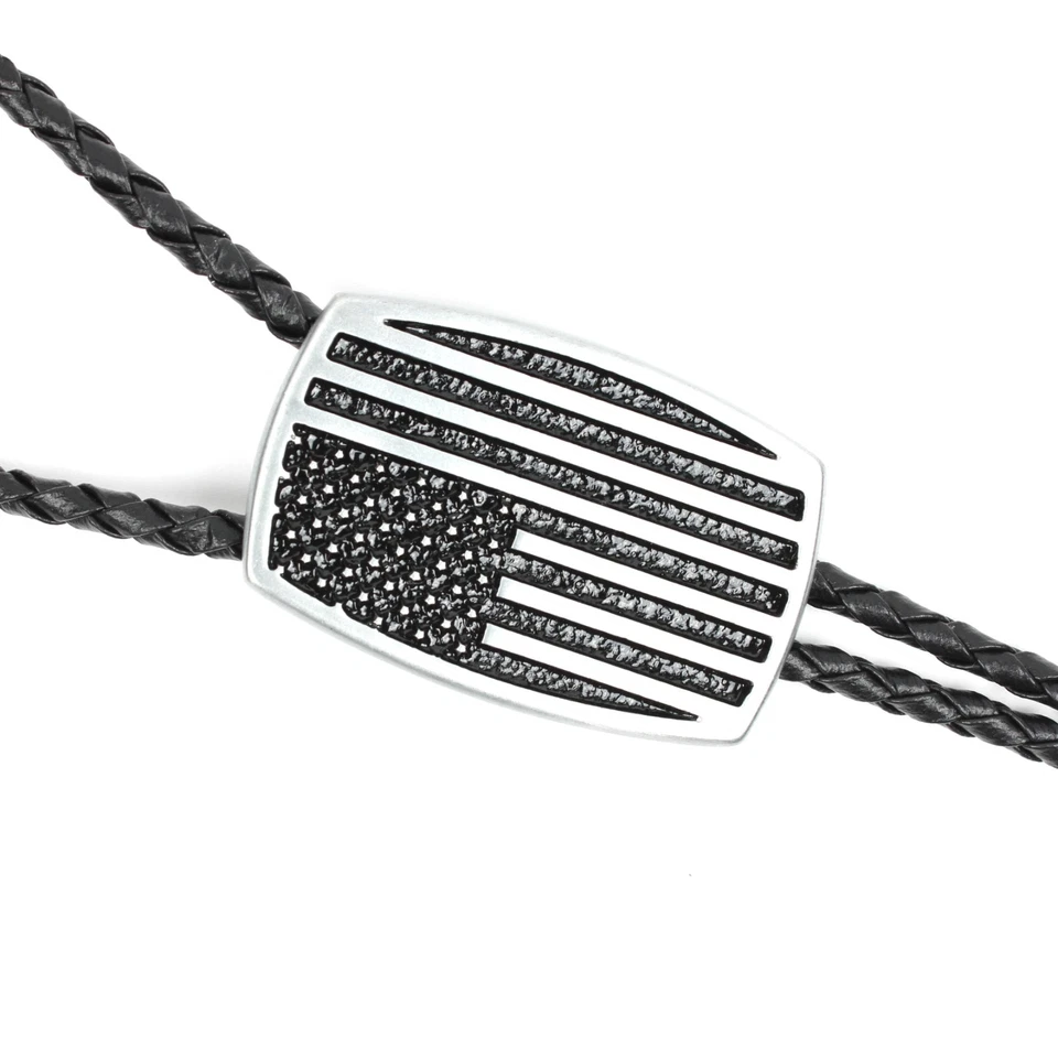 Corbata Bolo Bandera Americana Plata Cepillado Aluminio 36 pulgadas Corbata Negro Trenzado Foto 4 de 4