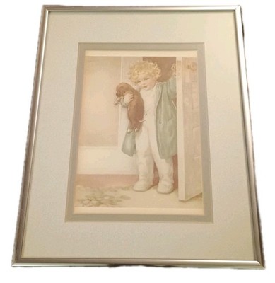 Vtg Framed Litho Print Good Morning Blonde Boy w puppy Bessie P Gutmann ADORABLE