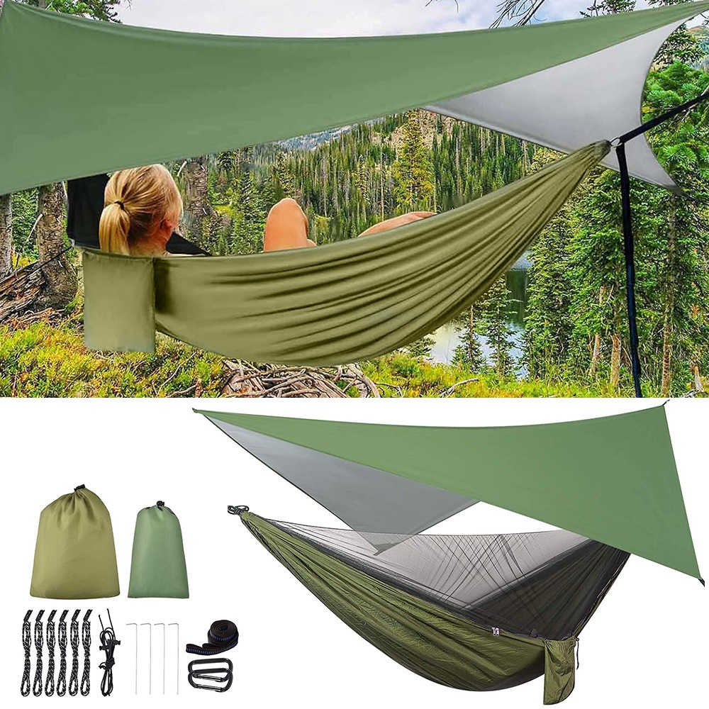 Outdoor Camping Hammock with Rainfly, Mosquito Net, Paracord & Portable Shelter