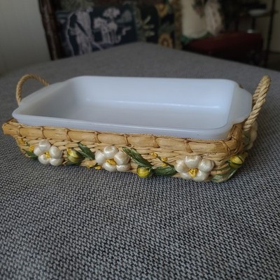 Vintage Wicker Straw 3D Flower Basket Casserole Cradle & Fire King Milk Glass