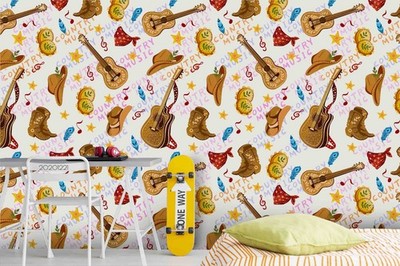 3D Cowboy Hat Guitar Pattern Wall Murals Wallpaper Murals Wall Sticker