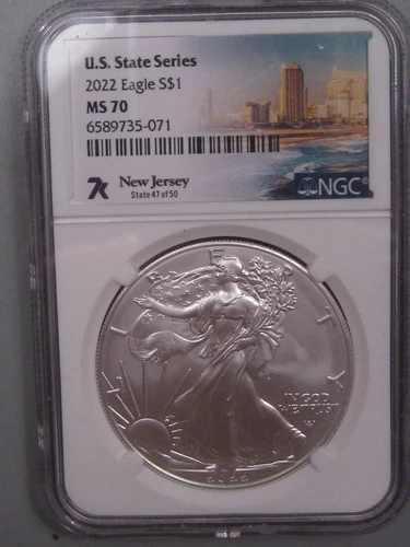 7k NEW JERSEY 2022 Silver American Eagle. "US State Series" NGC MS70. #20