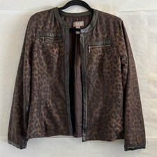 Chico  s Leopard Print Moto Jacket Size 1 M Brown Faux Leather Trim Animal Chic