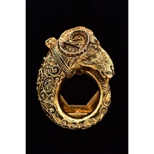 Art Ram Horn Scarf Clip Antiqued Gold Textured Retro Chunky Signed 1940s BinBP