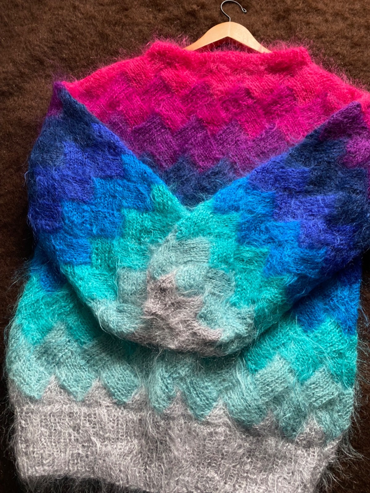 Mohair Sweater Fuzzy Entrelac hand knitted oversized jumper Neon Rare!! Fab image 5
