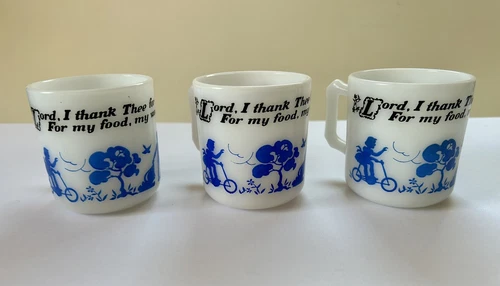3 Vintage Hazel Atlas Milk Glass Child’s Prayer Mugs Cups  “Lord I Thank Thee…”