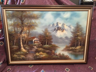 Vintage Original Oil Painting of Mountain Cabin Along a River Signed By ...