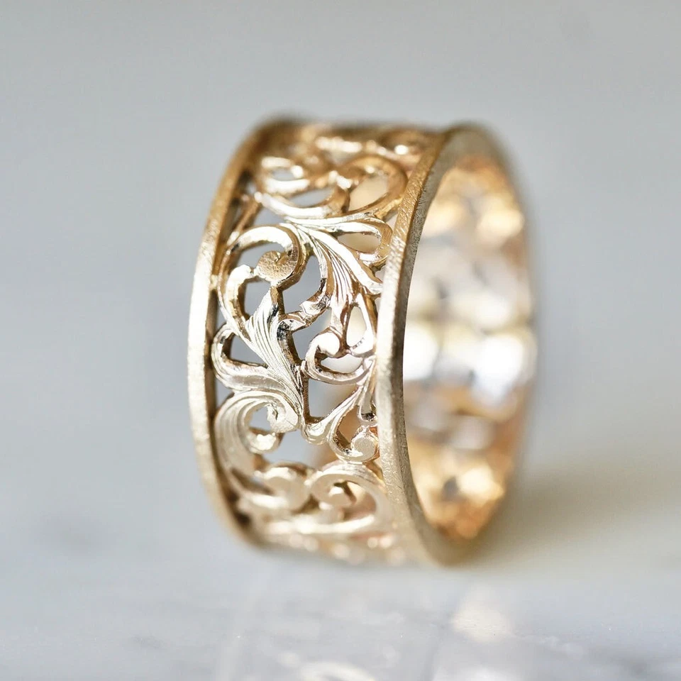 14K Gold Eternity Vine Engraved Band Stackable Bridal Women Ring Gift Ideas Her - Image 3 of 4