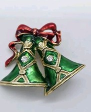 Victorian Bells Brooch Pin Jingle Bells Christmas Holiday Gold Tone Crystal