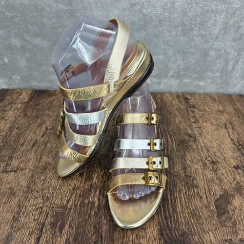 Sofft Sandalen 8 M Gold Silber Metallic Riemchen Schnallen Keilabsatz Gladiator Leder - Bild 15 von 16