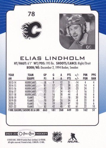 2022-23 O-Pee-Chee Blue #78 - Elias Lindholm - Calgary Flames - Picture 2 of 2