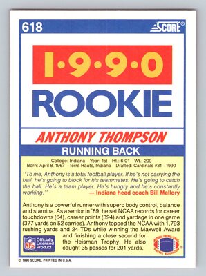 1990 Score Football #618 Anthony Thompson Rookie RC Phoenix