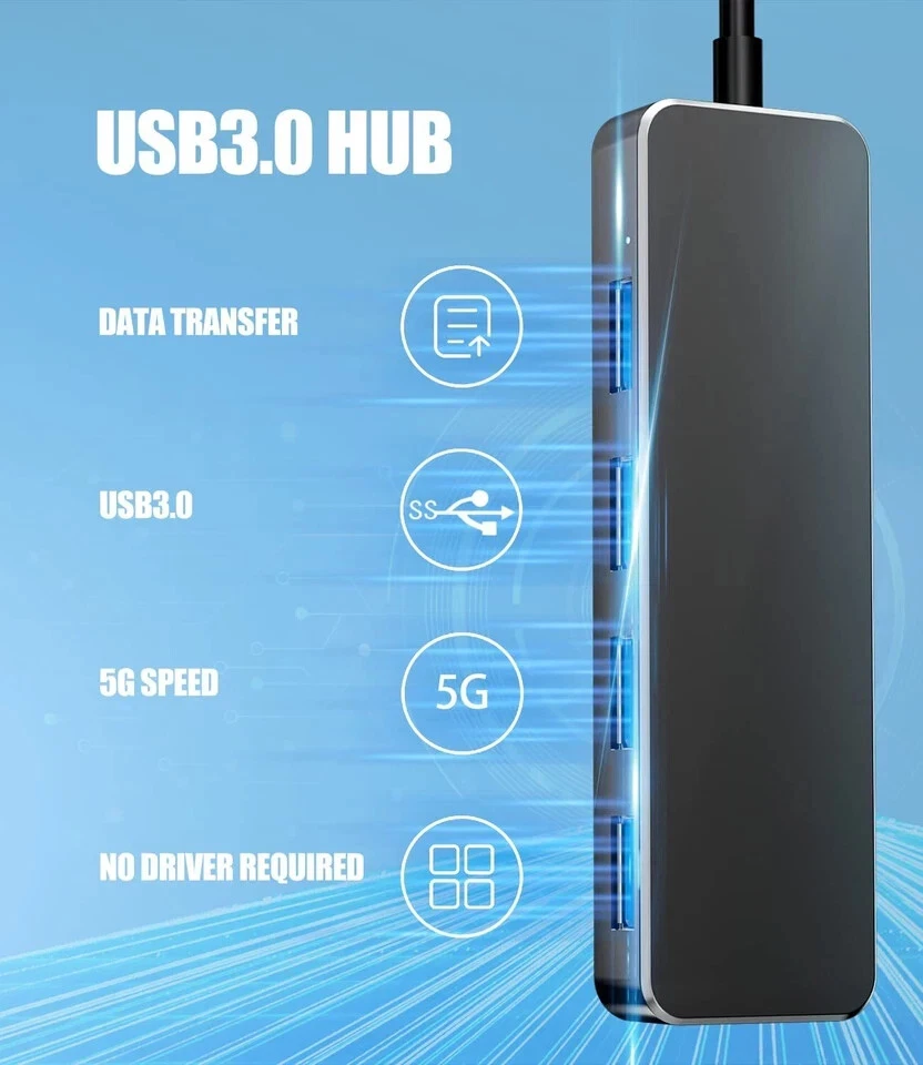 4-Port USB 3.0 Hub for Laptop Xbox Flash Drive High-Speed Expansion