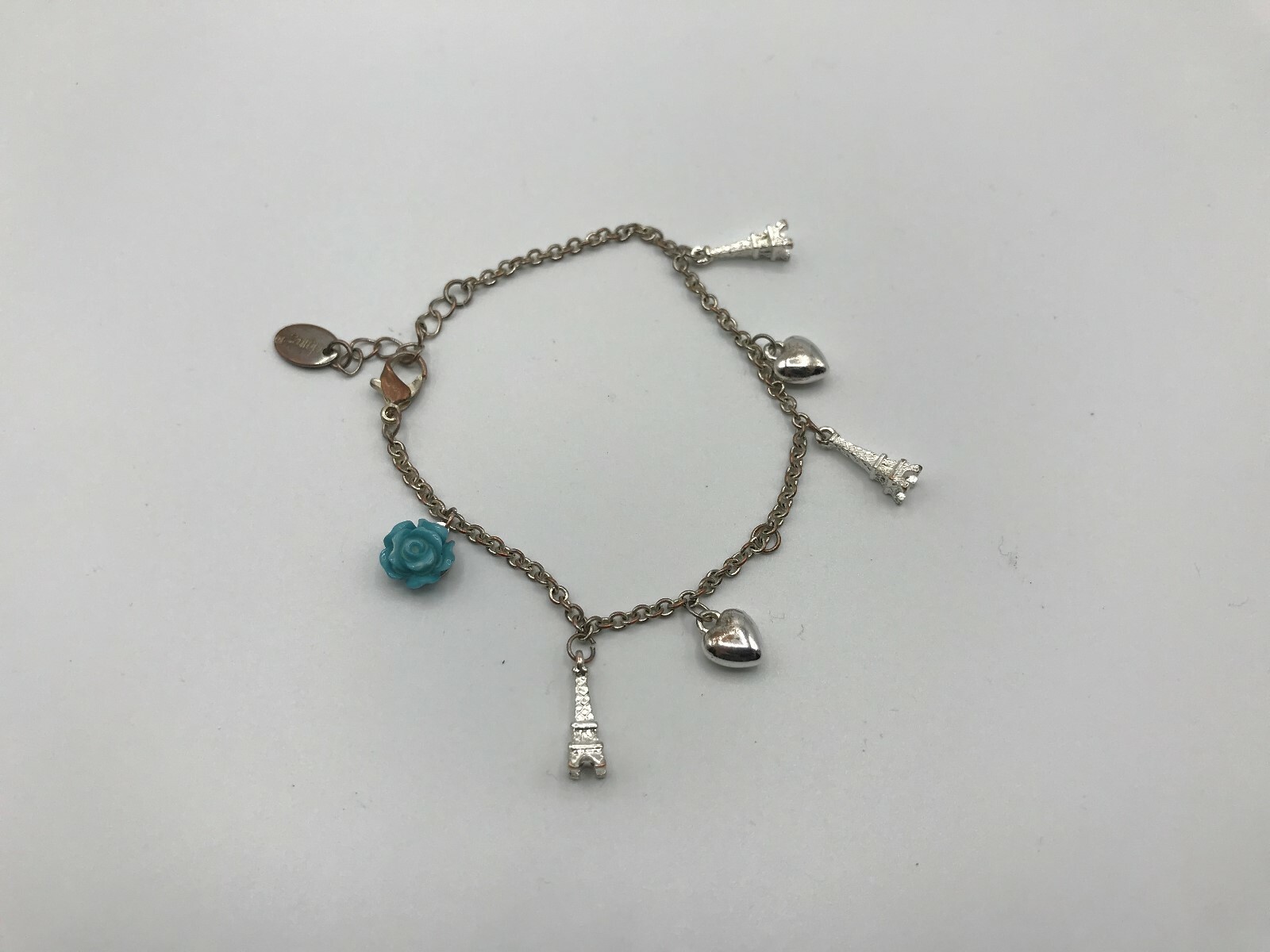 Claire's Charm Bracelet Eiffel Tower Heart Blue Flower 7" Long J1