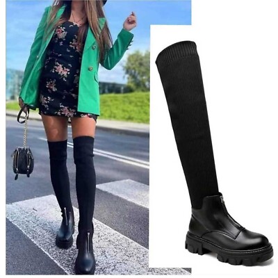 Damen Overknee Stiefel Reißverschluss Sockenschuhe Stiefeletten Blockabsatz