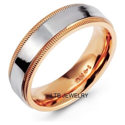 TWO TONE WEDDING BANDS,PLATINUM & 14K ROSE GOLD MENS WEDDING RINGS SHINY FINISH - Bild 1 von 1
