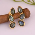Multi Labradorite Gemstone Dangle Earrings Gold Plated Pear Shape Brass Earring