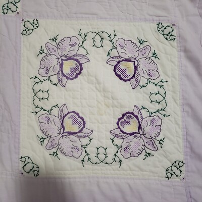 Embroidered Twin Quilted Bedspread White Purple Creen Yellow Iris Unbranded