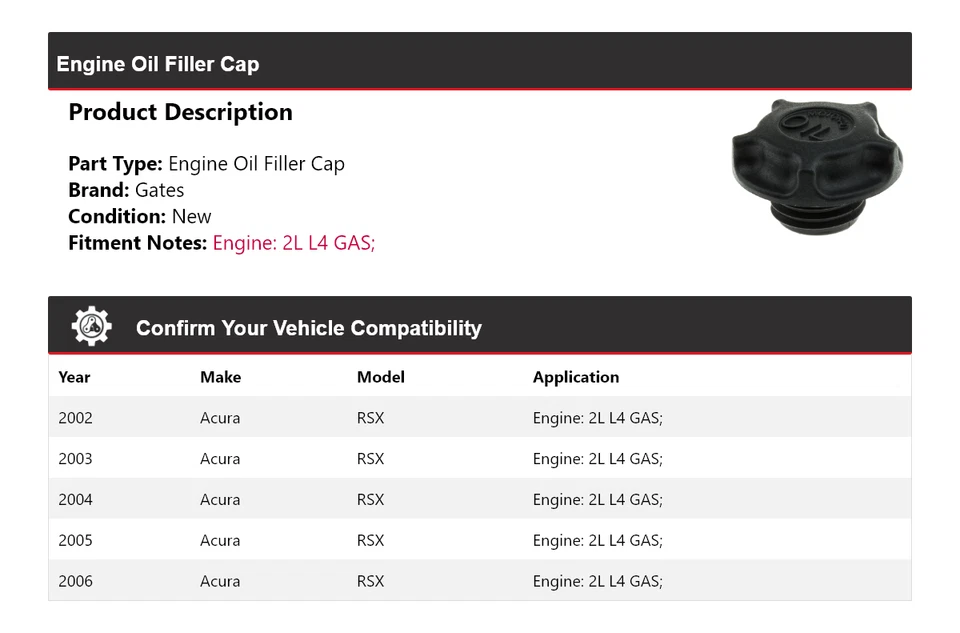Puertas de tapa de llenado de aceite para motor Acura RSX 2L L4 2002-2006 2003 2004 2005 Foto 2 de 4