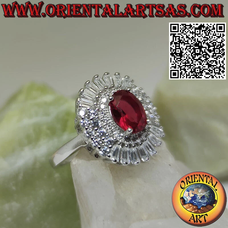 Anello con rubino naturale, argento sterling 925, stile vittoriano, diamanti pavé - Italia