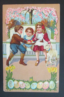 Easter Greetings Children With Chocolate Daffodils Unposted DB EMB Postcard