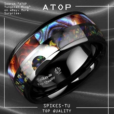 8/6mm Black Tungsten Ring Hawaiian Opal and Abalone Inlay Men ATOP Wedding Band