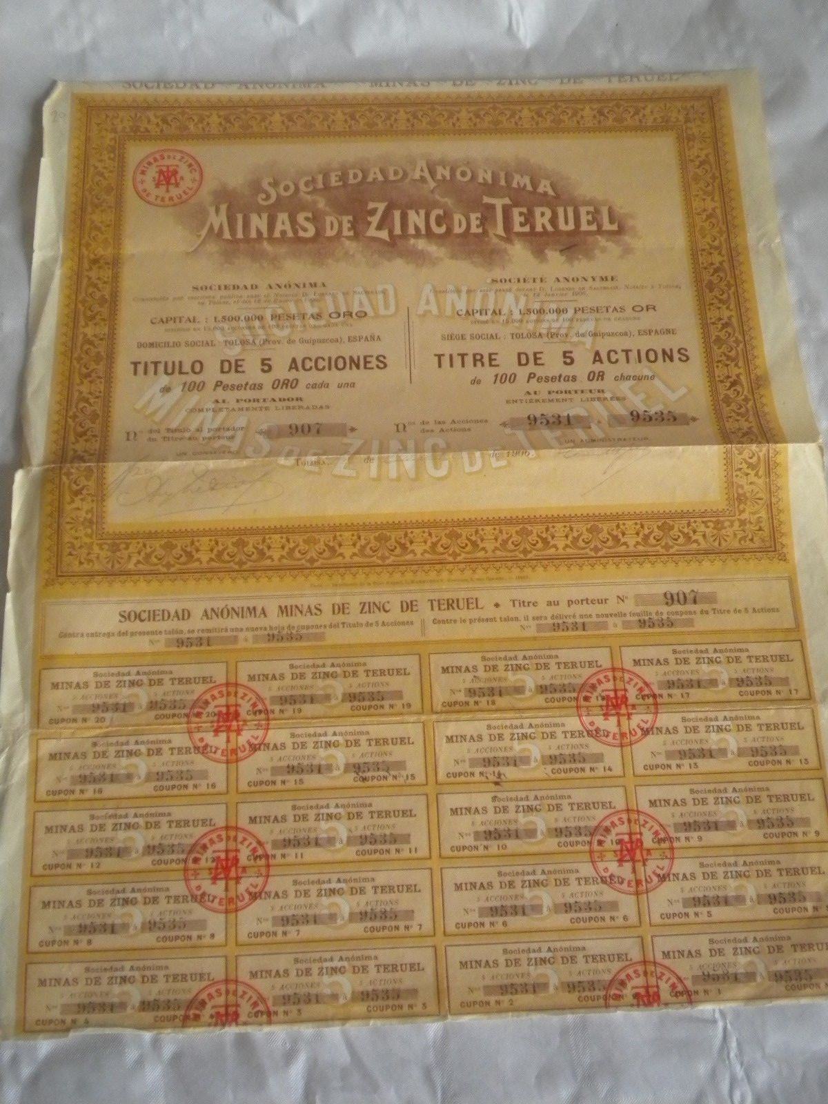 Certificado de acciones vintage Stocks Bonds acción Minas De Zinc De Teruel 1906