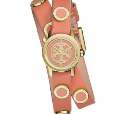 TORY BURCH REVA MINI STUDDED DOUBLE WRAP MELON LEATHER/ GOLD 