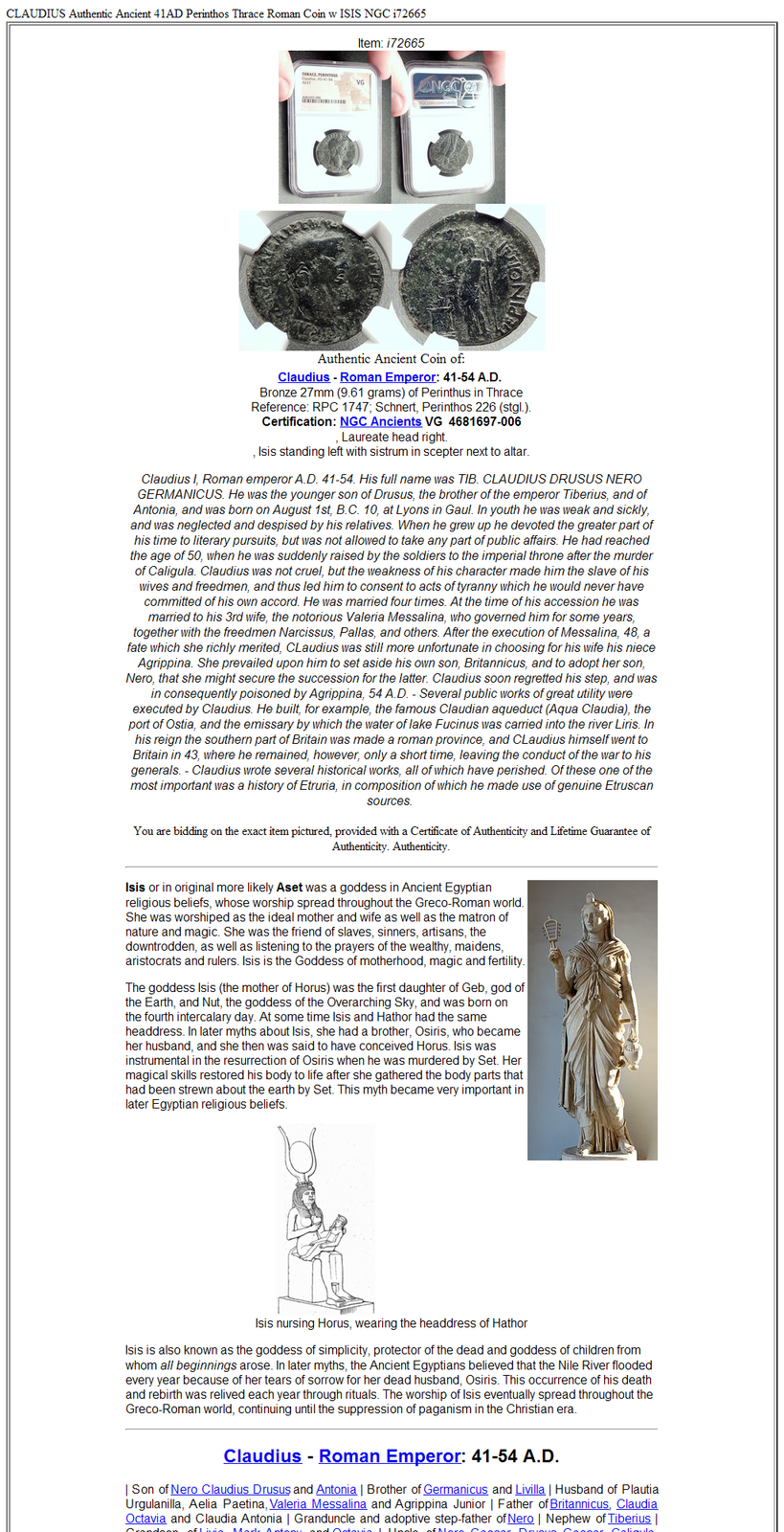 CLAUDIUS Authentic Ancient 41AD Perinthos Thrace Roman Coin w ISIS NGC ...