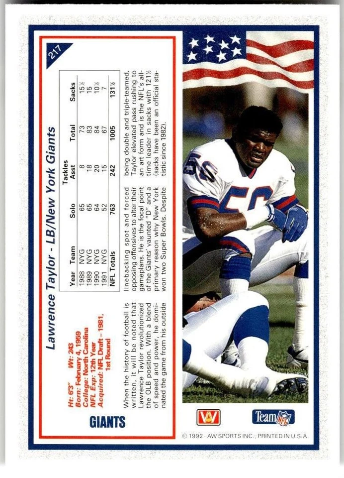1992 All World #217 Lawrence Taylor - Image 2 of 2