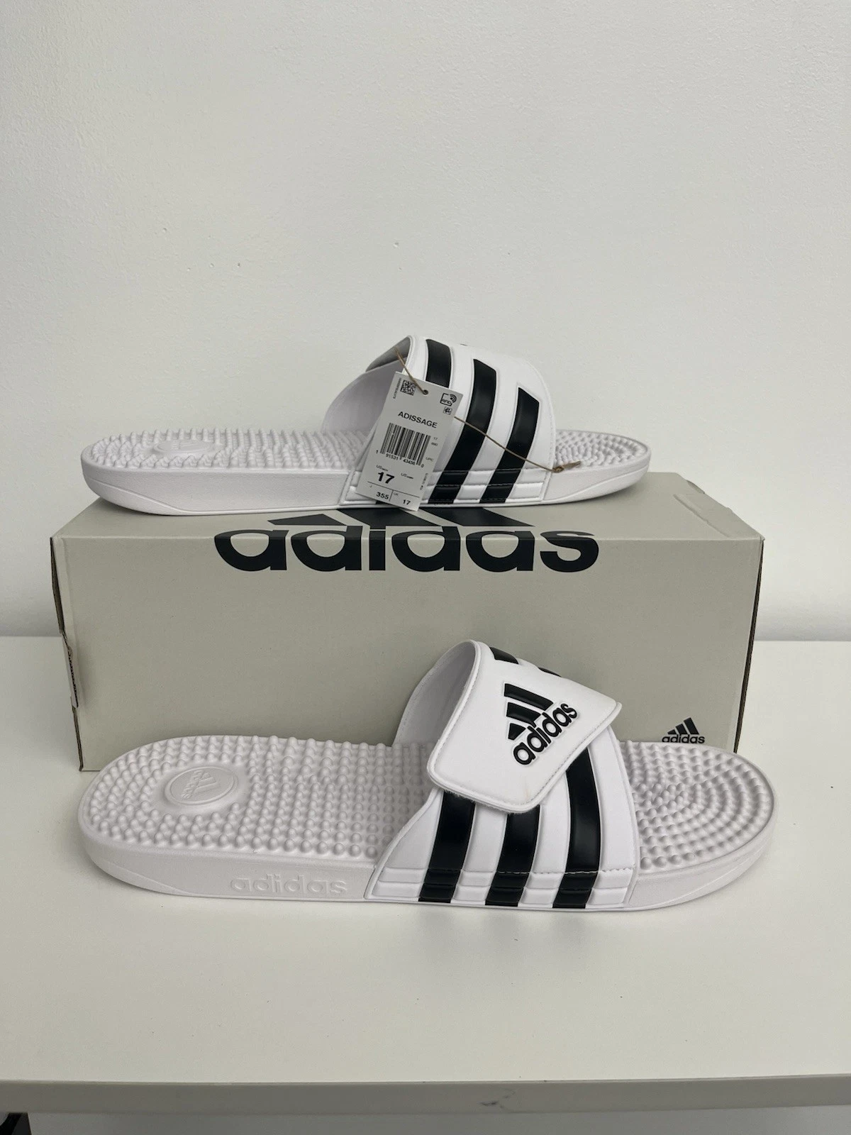 Adidas Adissage Slides Uomo Taglia 17 Chiusura ad Ansa con Gancio Bianco Nero