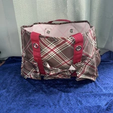 Thirty One Utility Tote Bag Craft Pockets Spirit Brown Plaid 15x10”x6”