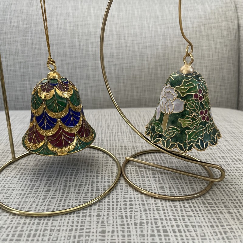 2  Cloisonne Enamel Christmas Bell Ornaments  Gold, Red, Green, Blue, White