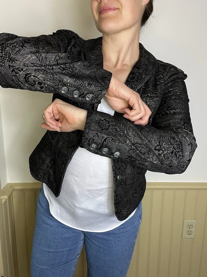 Blazer View Collection NY Vintage Y2K Negro Terciopelo Dorado Chaqueta Mujer’s Talla 8 Foto 3 de 4