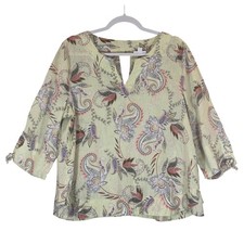 J Jill Love Linen Paisley Floral 3/4 Sleeve Top Sz L Petite Pale Yellow Tie Cuff