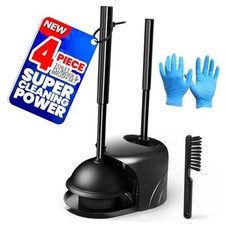 4-Piece Toilet Brush and Plunger Set, Extended Handle 1Pack Black