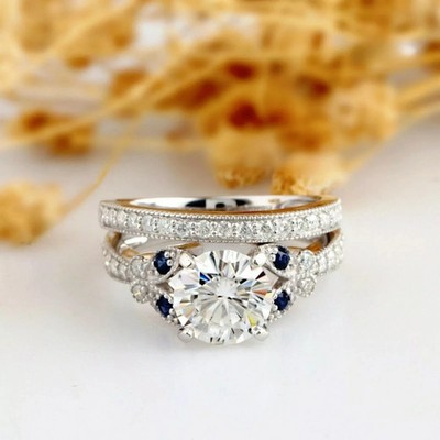 Solid 14K White Gold Moissanite Bridal Set Engagement Ring 2.50CT Round Cut VVS1