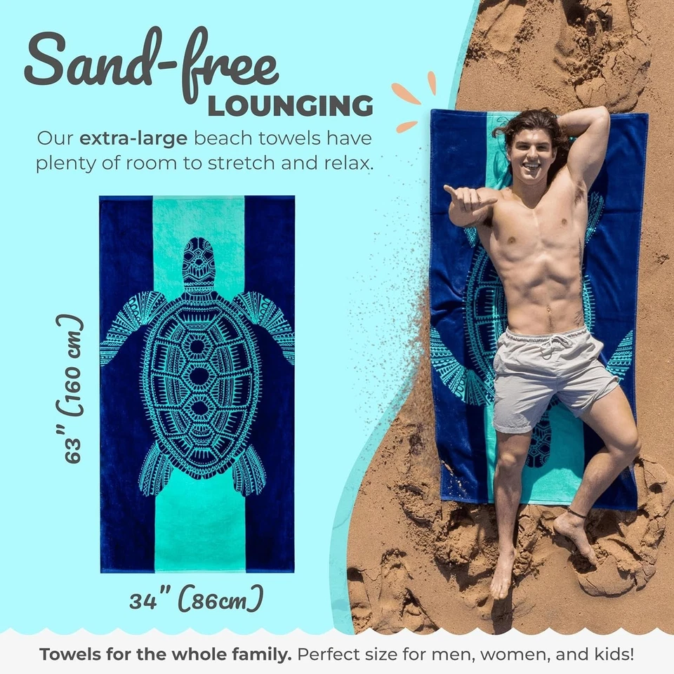 Toalla de playa de algodón extra grande - diseño de tortuga tropical, 34”x63” para diversión de verano Foto 4 de 4