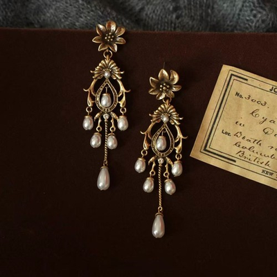 #ad Vintage Pearl Chandelier Earrings Gold Tone Baroque Court Style $42.90