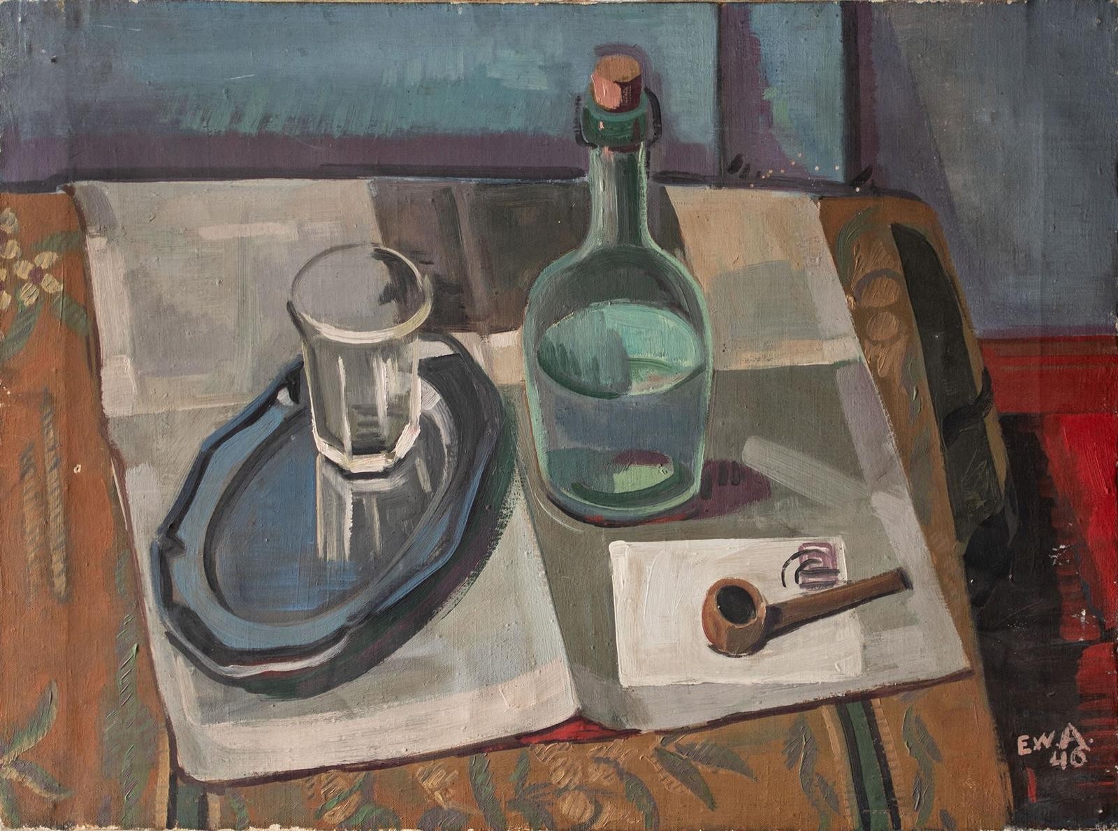 Still Life with Water Glass and Pipe Monogram Unknown Oil on Canvas 1946