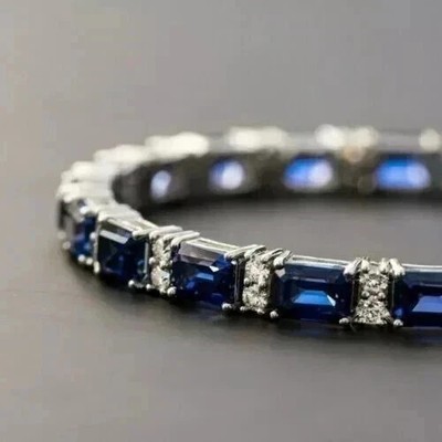 12Ct Emerald Cut Lab Created Blue Sapphire Tennis Bracelet 14k White Gold Plated