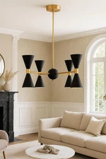 Mid Century Modern Chandelier: Black & Gold Double Cone Pendant Christmas Gift