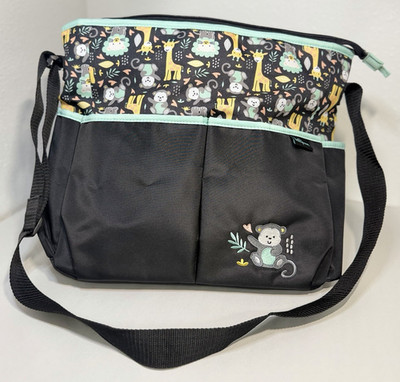 Baby Boom Black Mint Green Jungle Animal Print Monkey Diaper Bag Tote NWOT